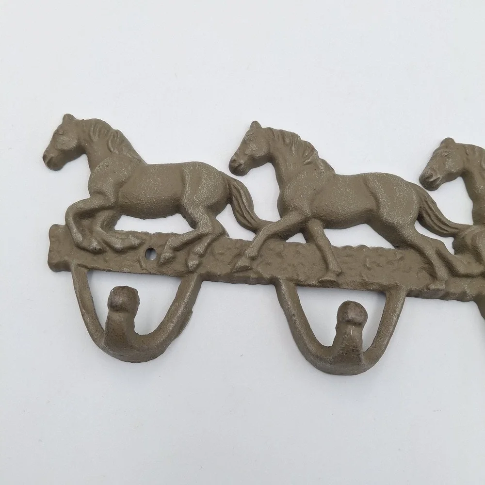 Vintage Rustic Cast Iron Running Horses Wall Hook Rack 3 Hook Western Decor 12